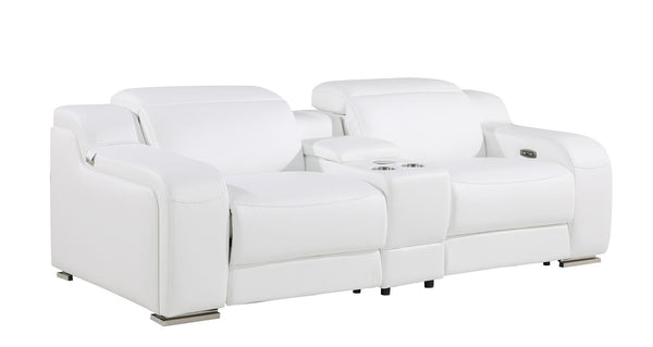 HomeRoots 89" White and Silver Italian Leather Power Reclining Loveseat with Storage for Modern Living Spaces 633754