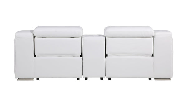 HomeRoots 89" White and Silver Italian Leather Power Reclining Loveseat with Storage for Modern Living Spaces 633754