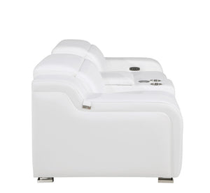 HomeRoots 89" White and Silver Italian Leather Power Reclining Loveseat with Storage for Modern Living Spaces 633754