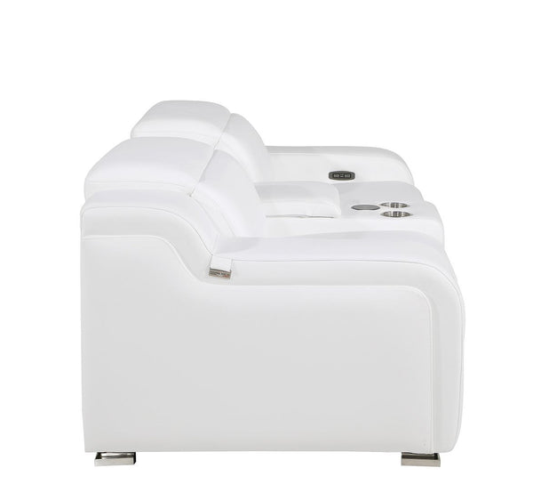 HomeRoots 89" White and Silver Italian Leather Power Reclining Loveseat with Storage for Modern Living Spaces 633754