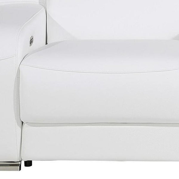 HomeRoots 89" White and Silver Italian Leather Power Reclining Loveseat with Storage for Modern Living Spaces 633754
