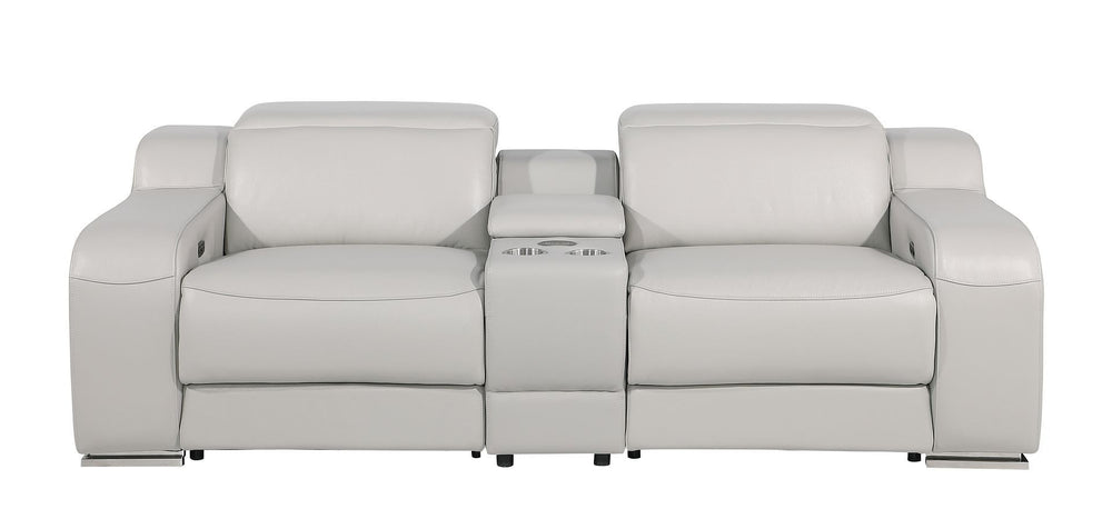 HomeRoots 89" Light Gray & Silver Italian Leather Power Reclining Loveseat with Storage for Ultimate Comfort 633755