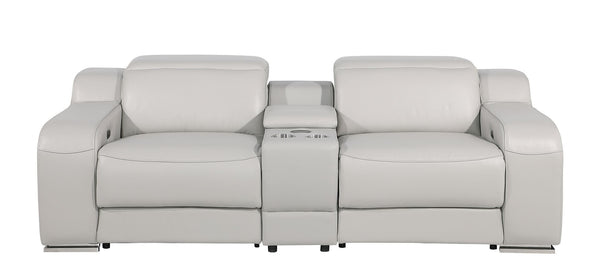 HomeRoots 89" Light Gray & Silver Italian Leather Power Reclining Loveseat with Storage for Ultimate Comfort 633755