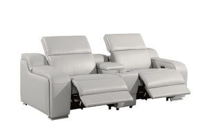 HomeRoots 89" Light Gray & Silver Italian Leather Power Reclining Loveseat with Storage for Ultimate Comfort 633755