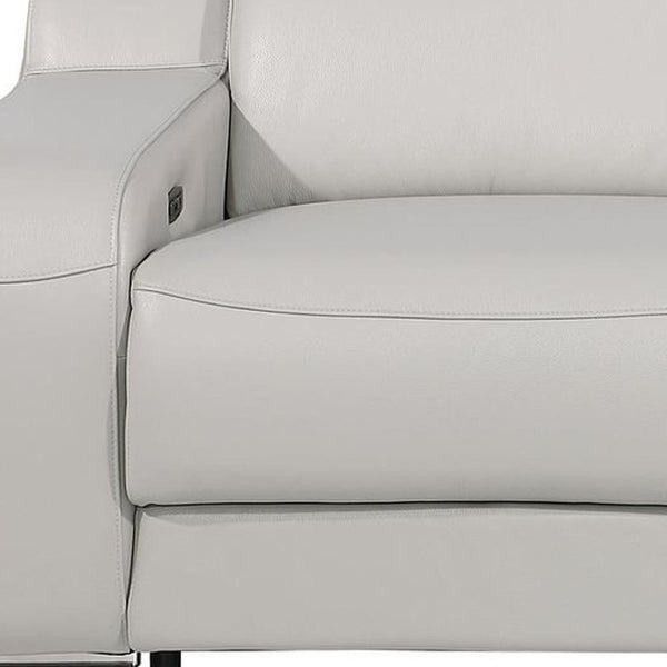HomeRoots 89" Light Gray & Silver Italian Leather Power Reclining Loveseat with Storage for Ultimate Comfort 633755