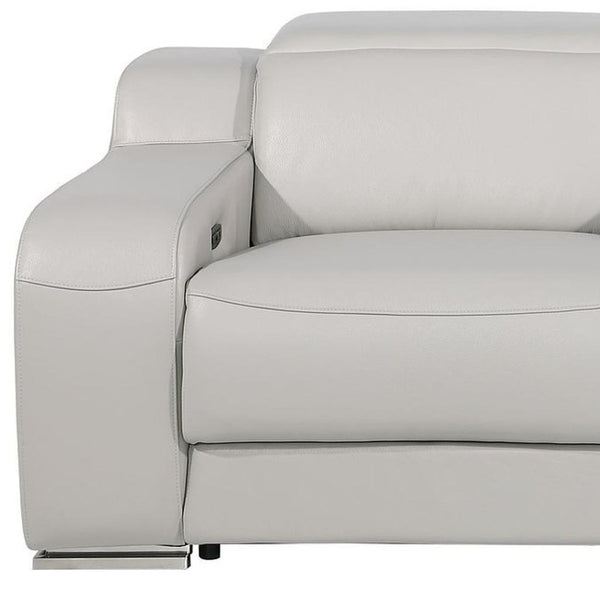 HomeRoots 89" Light Gray & Silver Italian Leather Power Reclining Loveseat with Storage for Ultimate Comfort 633755