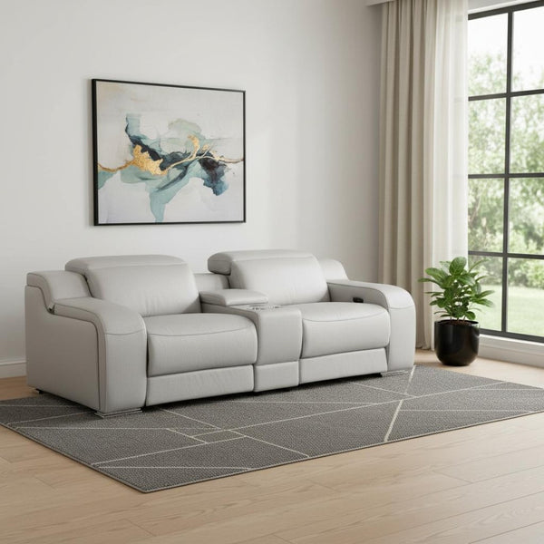 HomeRoots 89" Light Gray & Silver Italian Leather Power Reclining Loveseat with Storage for Ultimate Comfort 633755