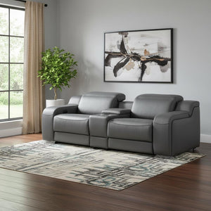 HomeRoots 89" Dark Gray Italian Leather Power Reclining Loveseat with Storage & Cup Holders for Ultimate Comfort 633756