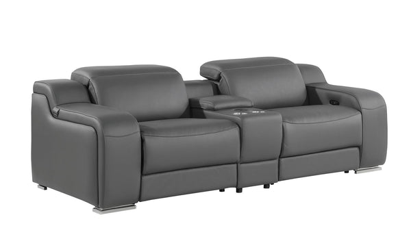 HomeRoots 89" Dark Gray Italian Leather Power Reclining Loveseat with Storage & Cup Holders for Ultimate Comfort 633756