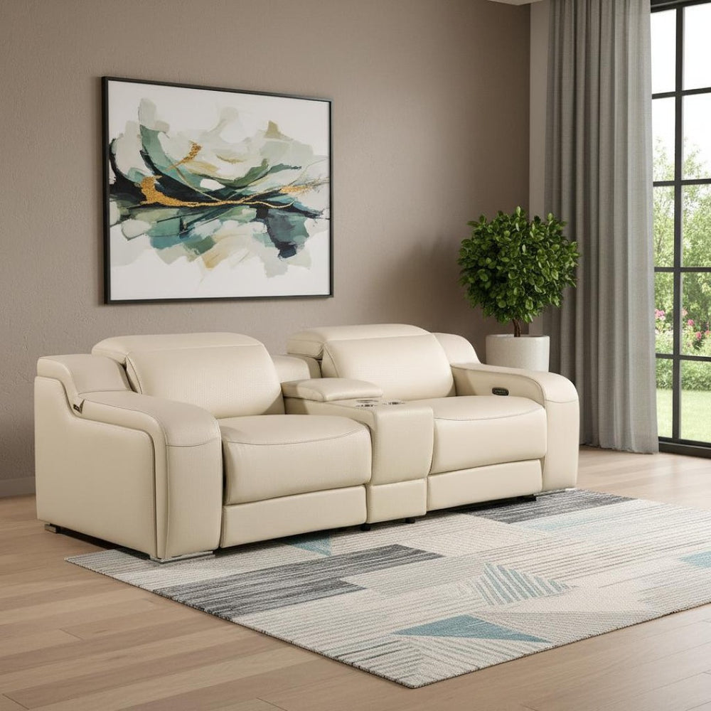 HomeRoots 89" Luxurious Beige and Silver Italian Leather Power Reclining Loveseat with Storage & Style 633757
