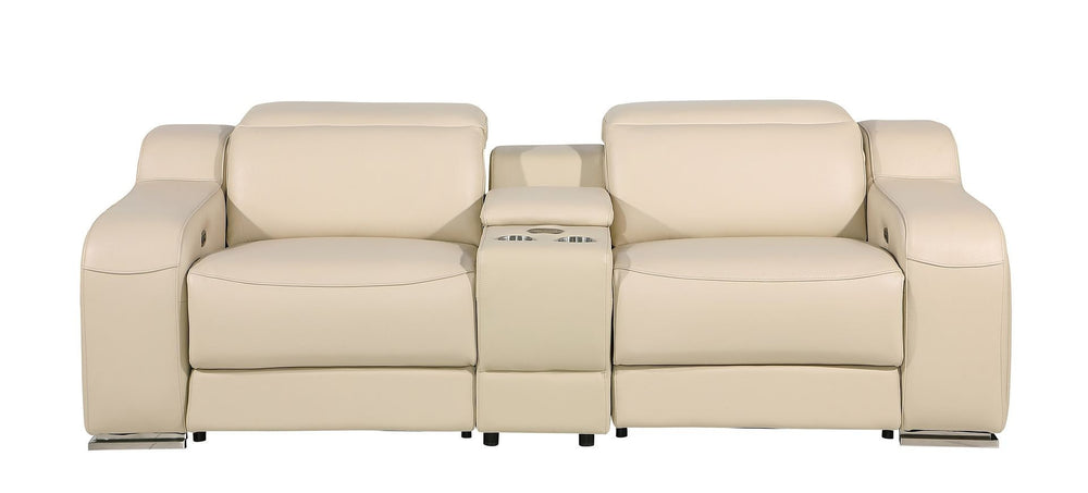 HomeRoots 89" Luxurious Beige and Silver Italian Leather Power Reclining Loveseat with Storage & Style 633757