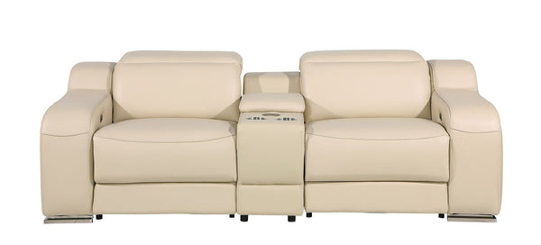 HomeRoots 89" Luxurious Beige and Silver Italian Leather Power Reclining Loveseat with Storage & Style 633757