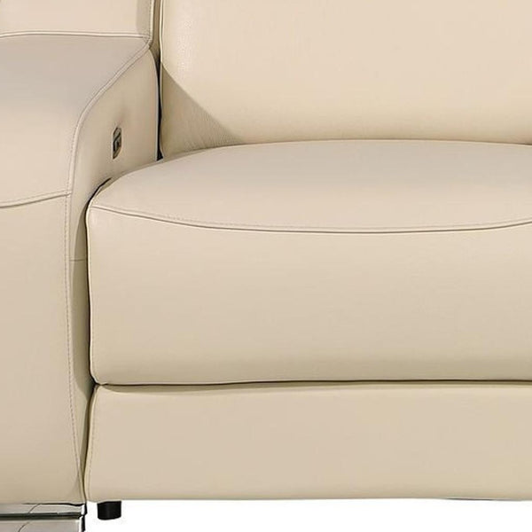 HomeRoots 89" Luxurious Beige and Silver Italian Leather Power Reclining Loveseat with Storage & Style 633757