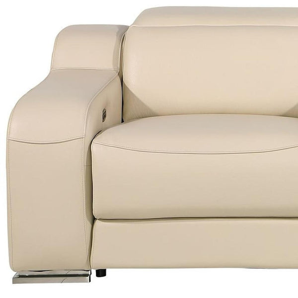 HomeRoots 89" Luxurious Beige and Silver Italian Leather Power Reclining Loveseat with Storage & Style 633757