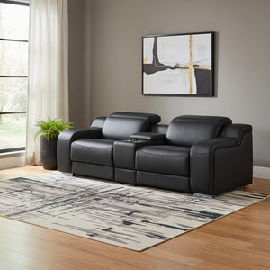 HomeRoots 89" Black and Silver Italian Leather Power Reclining Loveseat with Storage & Cup Holders for Comfort 633758