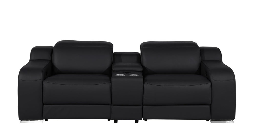HomeRoots 89" Black and Silver Italian Leather Power Reclining Loveseat with Storage & Cup Holders for Comfort 633758