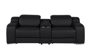 HomeRoots 89" Black and Silver Italian Leather Power Reclining Loveseat with Storage & Cup Holders for Comfort 633758