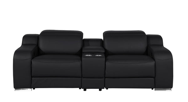 HomeRoots 89" Black and Silver Italian Leather Power Reclining Loveseat with Storage & Cup Holders for Comfort 633758