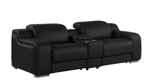 HomeRoots 89" Black and Silver Italian Leather Power Reclining Loveseat with Storage & Cup Holders for Comfort 633758