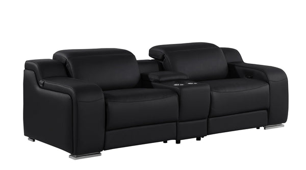 HomeRoots 89" Black and Silver Italian Leather Power Reclining Loveseat with Storage & Cup Holders for Comfort 633758