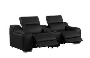 HomeRoots 89" Black and Silver Italian Leather Power Reclining Loveseat with Storage & Cup Holders for Comfort 633758
