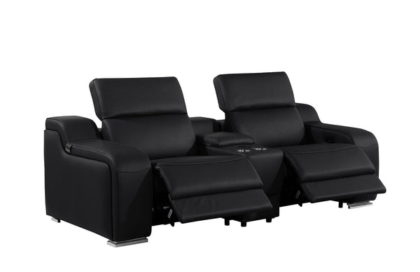 HomeRoots 89" Black and Silver Italian Leather Power Reclining Loveseat with Storage & Cup Holders for Comfort 633758