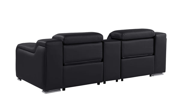 HomeRoots 89" Black and Silver Italian Leather Power Reclining Loveseat with Storage & Cup Holders for Comfort 633758