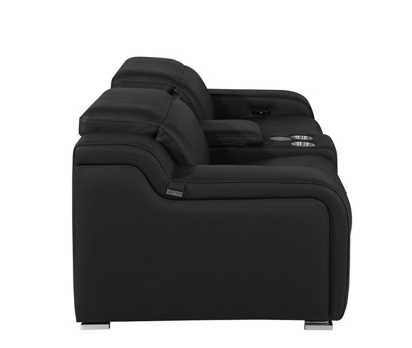 HomeRoots 89" Black and Silver Italian Leather Power Reclining Loveseat with Storage & Cup Holders for Comfort 633758