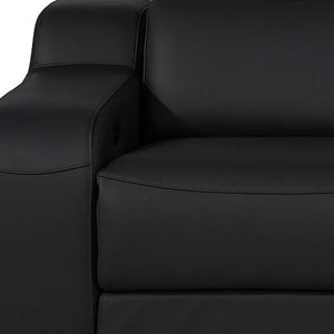 HomeRoots 89" Black and Silver Italian Leather Power Reclining Loveseat with Storage & Cup Holders for Comfort 633758