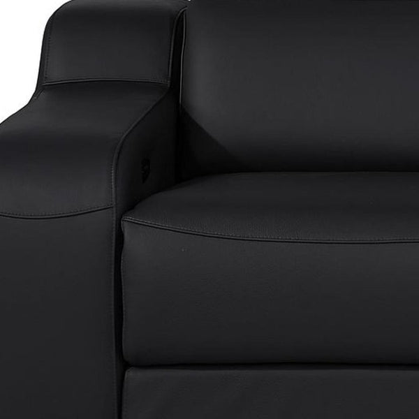 HomeRoots 89" Black and Silver Italian Leather Power Reclining Loveseat with Storage & Cup Holders for Comfort 633758