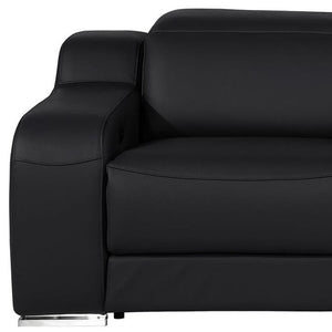 HomeRoots 89" Black and Silver Italian Leather Power Reclining Loveseat with Storage & Cup Holders for Comfort 633758