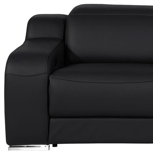 HomeRoots 89" Black and Silver Italian Leather Power Reclining Loveseat with Storage & Cup Holders for Comfort 633758