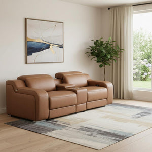 HomeRoots 89" Cognac Italian Leather Power Reclining Loveseat with Modern Silver Accents & Hidden Storage 633759