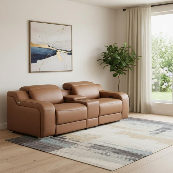HomeRoots 89" Cognac Italian Leather Power Reclining Loveseat with Modern Silver Accents & Hidden Storage 633759