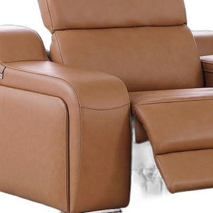 HomeRoots 89" Cognac Italian Leather Power Reclining Loveseat with Modern Silver Accents & Hidden Storage 633759