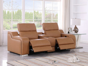 HomeRoots 89" Cognac Italian Leather Power Reclining Loveseat with Modern Silver Accents & Hidden Storage 633759