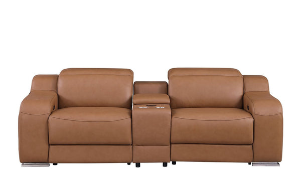 HomeRoots 89" Cognac Italian Leather Power Reclining Loveseat with Modern Silver Accents & Hidden Storage 633759