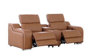 HomeRoots 89" Cognac Italian Leather Power Reclining Loveseat with Modern Silver Accents & Hidden Storage 633759