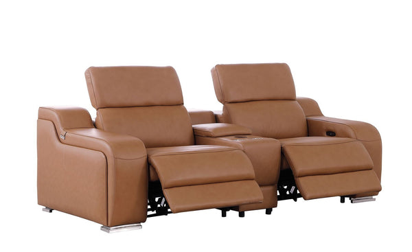 HomeRoots 89" Cognac Italian Leather Power Reclining Loveseat with Modern Silver Accents & Hidden Storage 633759