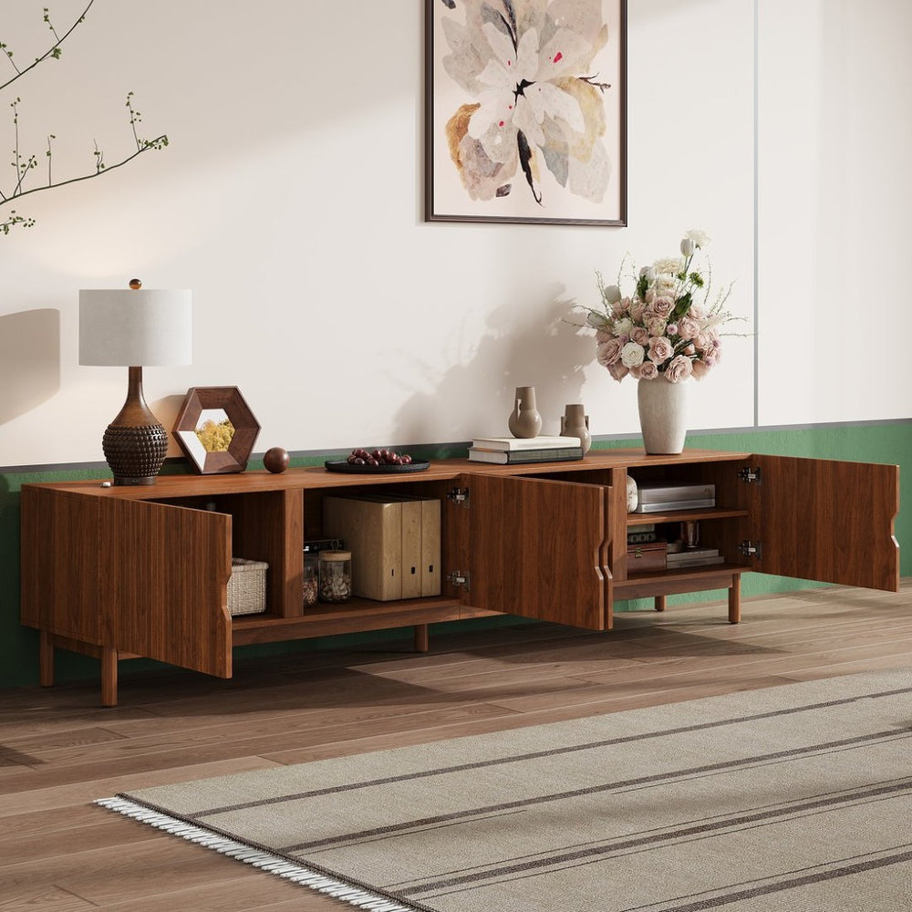 English Elm 87- Inch Rattan Media Console with Rubberwood Legs Four Cabinets Living Room N710P407809P