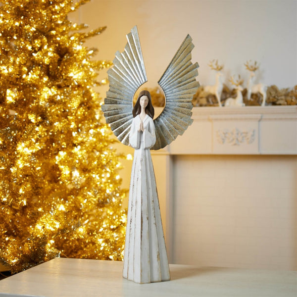 HomeRoots 36" Elegant White and Gold Polyresin Angel Sculpture - Stunning Tabletop Accent for Holiday Decor 633810