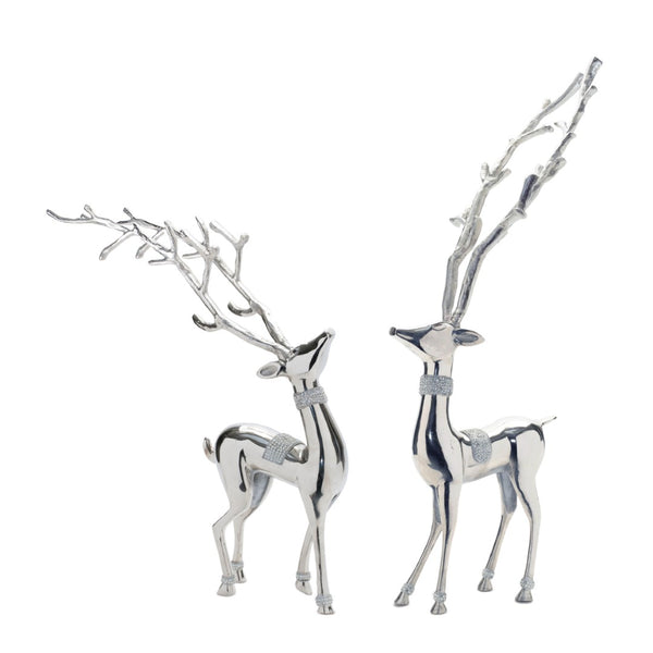 HomeRoots Set of Two Silver Aluminum Deer Sculptures – Elegant Tabletop Accents for Modern Rustic Decor 633816