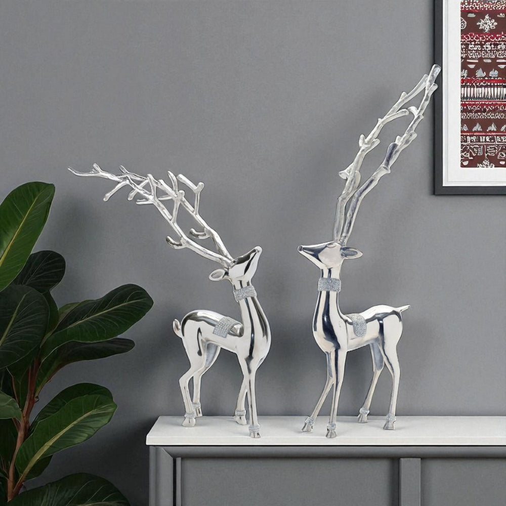 HomeRoots Set of Two Silver Aluminum Deer Sculptures – Elegant Tabletop Accents for Modern Rustic Decor 633816