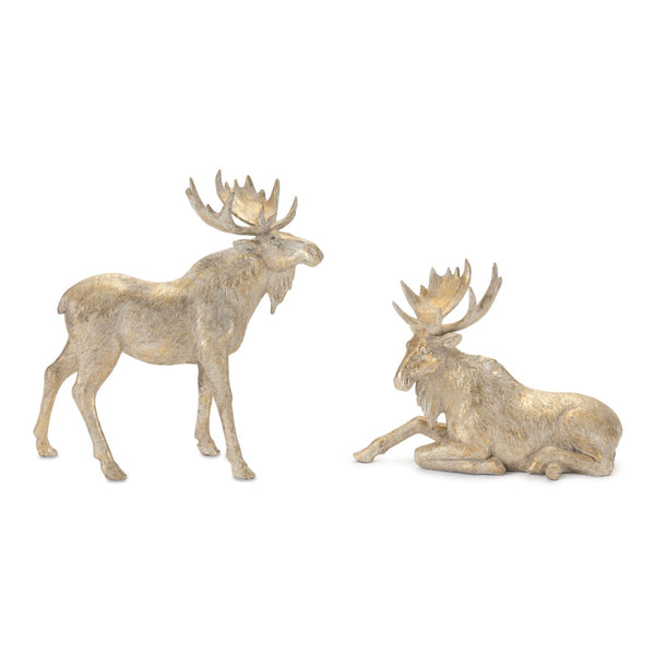 HomeRoots Set of Two Charming Gold and Beige Moose Figurines - Rustic Holiday Decor for Home & Gifts 633822