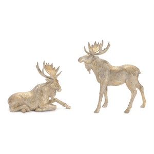 HomeRoots Set of Two Charming Gold and Beige Moose Figurines - Rustic Holiday Decor for Home & Gifts 633822