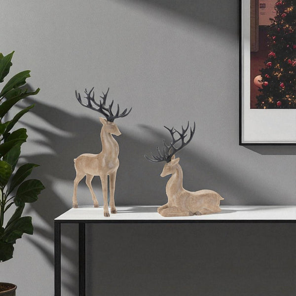 HomeRoots Set of Two Rustic Brown and Black Polyresin Deer Figurines - Woodland Decor for Home Elegance 633827