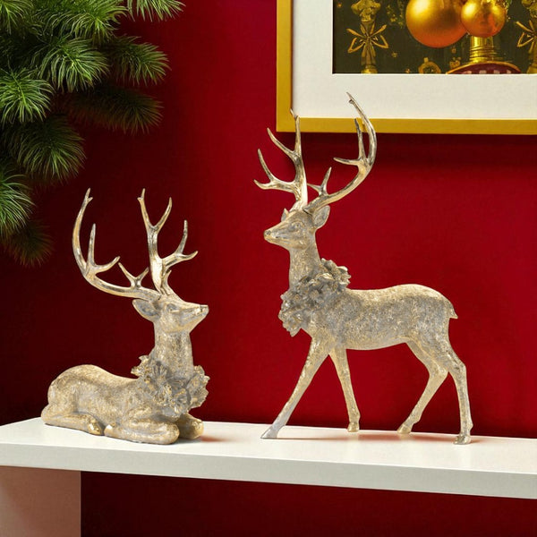 HomeRoots Set of Two Elegant Gold and Gray Polyresin Deer Figurines – Rustic Holiday Décor for Any Space! 633875