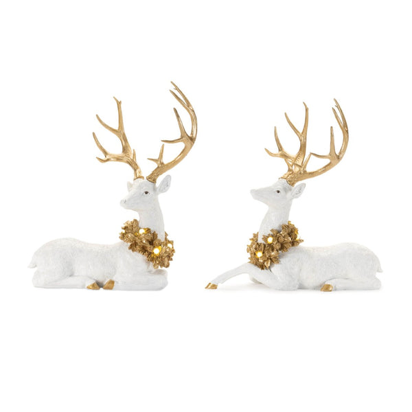 HomeRoots Set of Two Elegant White and Gold Polyresin Deer Figurines with LED Light for Home Decor Charm 633877