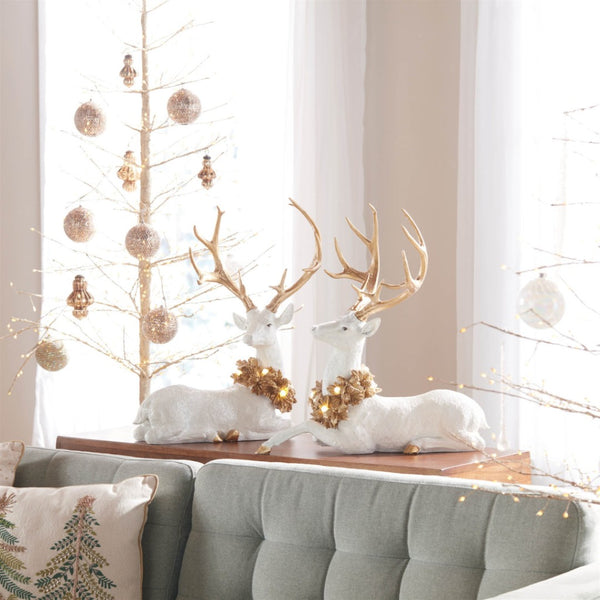 HomeRoots Set of Two Elegant White and Gold Polyresin Deer Figurines with LED Light for Home Decor Charm 633877