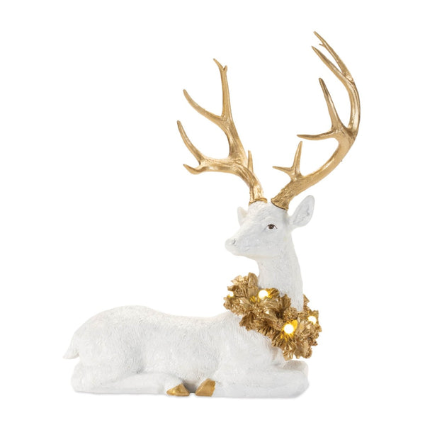 HomeRoots Set of Two Elegant White and Gold Polyresin Deer Figurines with LED Light for Home Decor Charm 633877